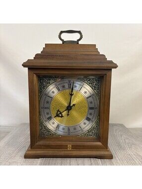 Hermle Quartz Mantel Clock Walnut Case West Germany Gold Dial Roman Numerals